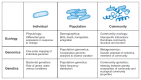 A chart showing the progression from studies on the individual scale to studies on the community scale