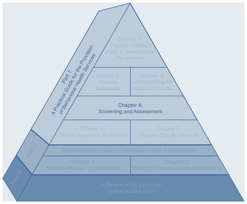 Graphic: A three-dimensional pyramid divided into ten sections with text inside each section. All but two sections are greyed out. The visible text along the long side of the pyramid reads “Part 1: A Practical Guide for the Provision of Behavioral Health Services”. The visible text in the section in the middle of the pyramid reads “Chapter 4: Screening and Assessment”.