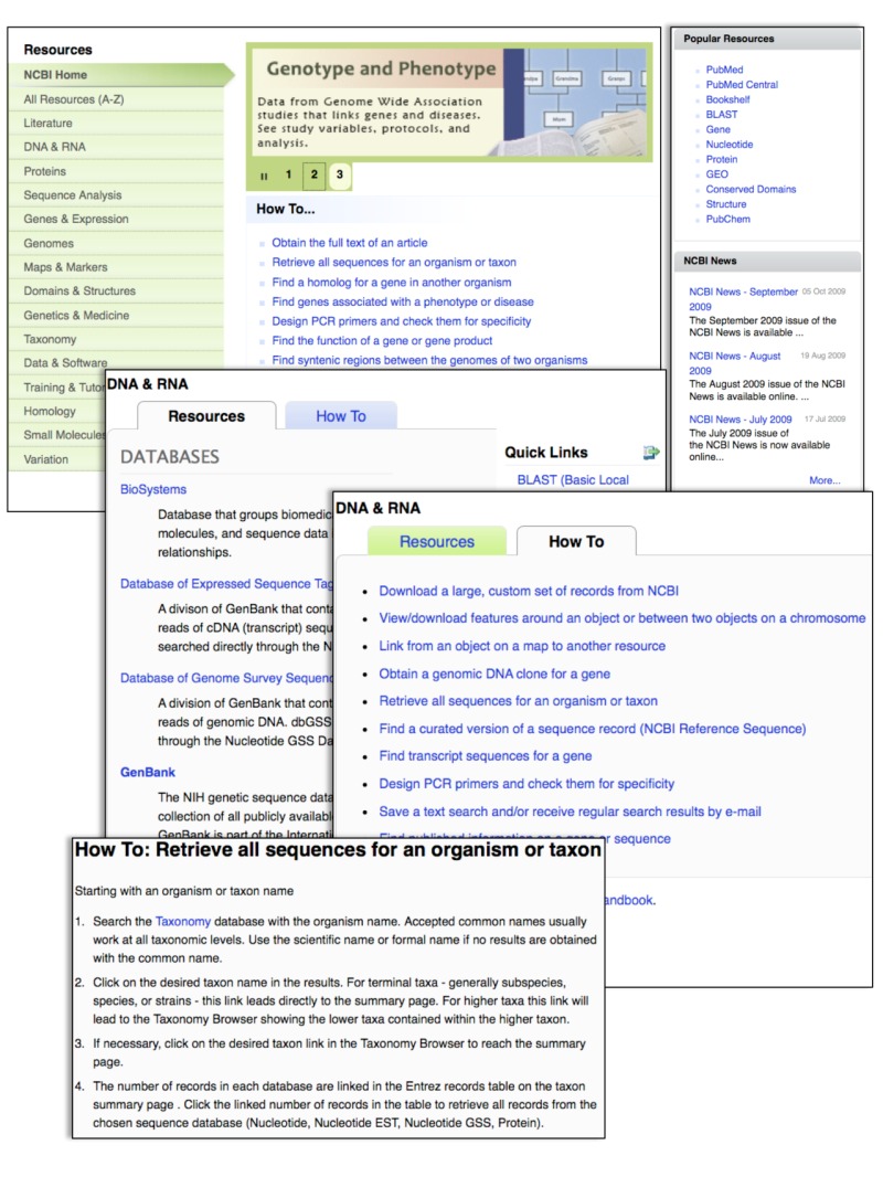 Figure 1. The new NCBI Site Guide that is now the Homepage featuring Resource categories and How To lists.