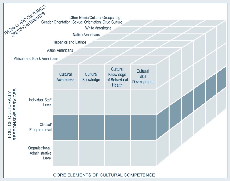 Graphic: 3-D drawing of a cube, segmented. Along the Z axis is labeled “Dimension 1: Racially and Culturally Specific Attributes”. The cube along the Z axis is segmented into 6 parts. The parts are labeled, “African and Black Americans,” “Asian Americans,” “Hispanics and Latinos,” “Native Americans,” “White Americans,” and “Other ethnic/cultural groups, e.g., Gender Orientation, Sexual Orientation, Drug Culture.” Along the X axis is labeled “Dimension 2: Core Elements of Cultural Competence.” The cube along the X axis is segmented into 4 parts. The parts are labeled “Cultural Awareness,” “Cultural Knowledge,” “Cultural Knowledge of Behavioral Health,” and “Cultural Skill Development.” Along the Y axis is labeled “Dimension 3: Foci of Culturally Responsive Services.” The cube along the Y axis is segmented into 3 parts. The parts are labeled “Individual Staff Level,” “Clinical/Program Level,” and “Organizational/Administrative Level.” The dimensions corresponding to Y-axis Clinical/Program Level are highlighted.