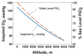 FIGURE 13.1. Ambient oxygen levels, measured by the partial pressure of oxygen (solid line) or as a percent of sea-level values (dashed line), decrease with increasing altitude, a situation called high-altitude or hypobaric hypoxia.