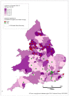 Figure 12. Incidence of bladder cancer (ICD-10 code C67) in women, age-standardised rate per 100,000, Clinical Commissioning Groups (England) and Health Boards (Wales) 2008-2012.