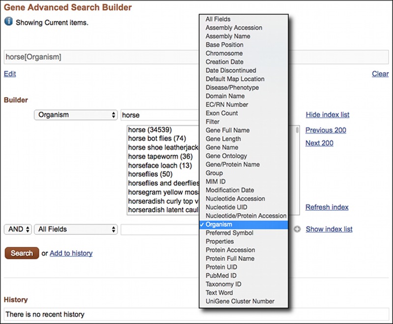 Figure 2. . The Entrez Gene Advanced Search page showing the Search Builder with the Index for the Organism Field expanded.