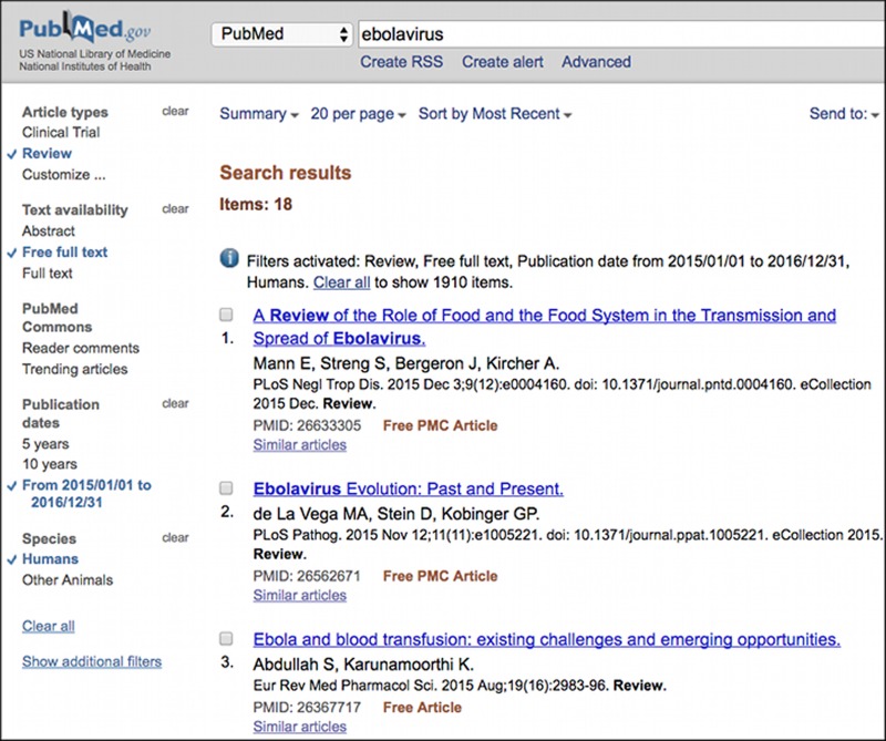 Figure 3. . A PubMed search results page with several facet filters selected: Review, Free full text, Publication date from 2015/01/01 to 2016/12/31, Humans.