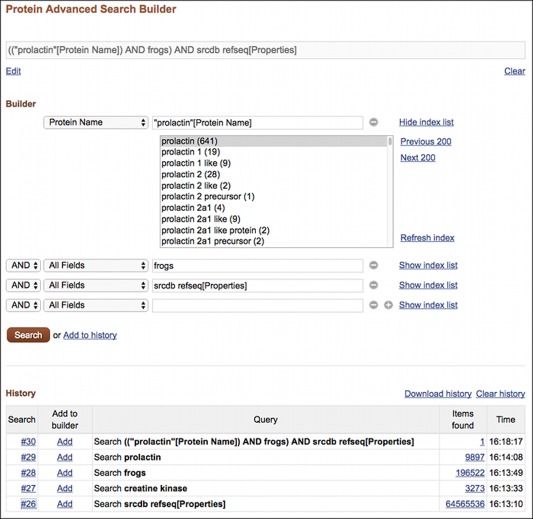 Figure 4. . The Protein Advanced Search interface showing the Search Builder and Search History.