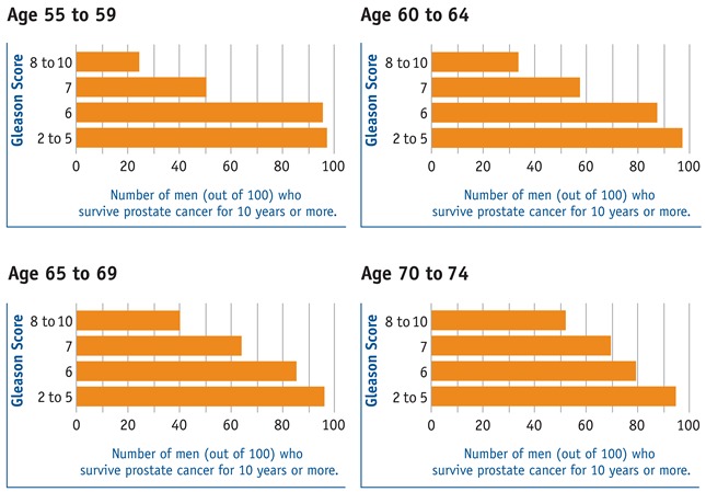 The charts show that surviving prostate cancer is more likely with lower Gleason scores