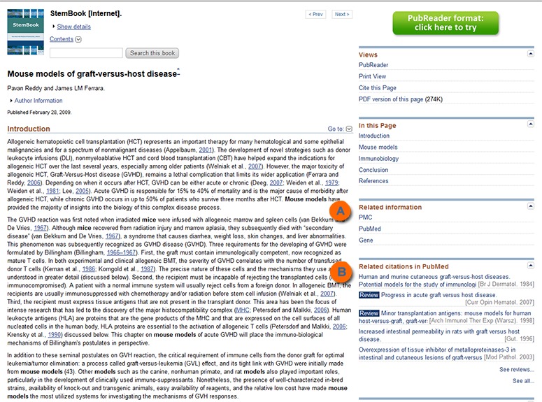 Figure 1. . Among the discovery panels located along the right margin of a book page are those displaying links to PubMed and other NCBI resources.
