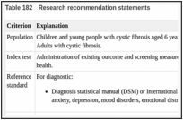 Table 182. Research recommendation statements.