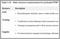 Table 3.19. Main resource requirements for postnatal PFMT for pelvic floor strengthening.