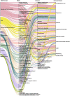 Figure 4.1 uses colored paths connecting potential risk factor and outcome domains for Key Question 1. Each social determinant of health domain is represented by a different color and by following the colors from left to right over to the outcome domain, a reader can see which outcomes a social determinant of health is impacting. The outer two columns display the social determinant of health and outcome domains categorized in this review. The inner two columns give more detailed information about the specific exposure or outcome measures named in the studies. The unit of display is the individual risk factor or outcome, therefore, the total number of individual risk factors, or the number of individual outcomes, may be greater than the total number of studies. Thicker lines indicate more studies examined a given risk factor or outcome; thinner lines indicate less studies. The illustration is a highly complicated visual intended to convey the complexity and lack of overall patterns in the exposures and outcomes that were found for pregnant people.