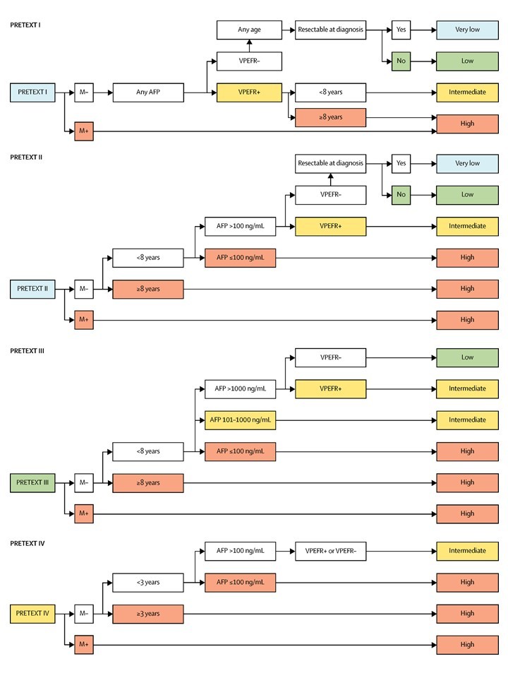 Diagram showing risk stratification trees for the Children’s Hepatic tumors International Collaboration—Hepatoblastoma Stratification (CHIC-HS).