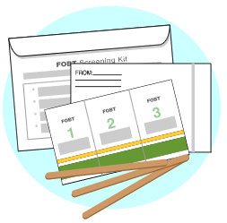 Guaiac fecal occult blood test (FOBT) kit; shows card, applicator, and return envelope.