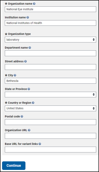 Display of a completed organization information tab in the ClinVar Submission Portal