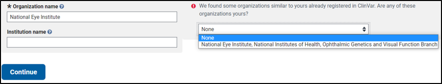 Display of similar organizations in the ClinVar Submission Portal