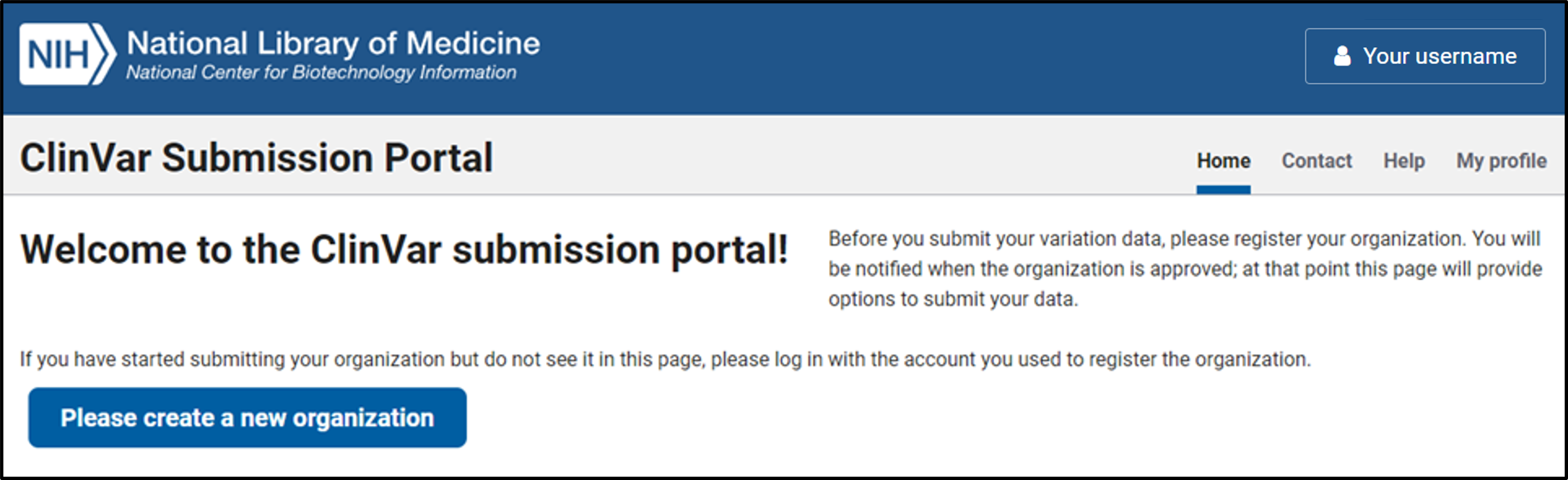 Display with button to create a new organization in ClinVar Submission Portal