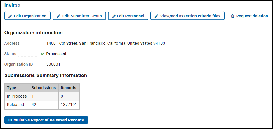 Display of a the button to generate a cumulative report in ClinVar Submission Portal