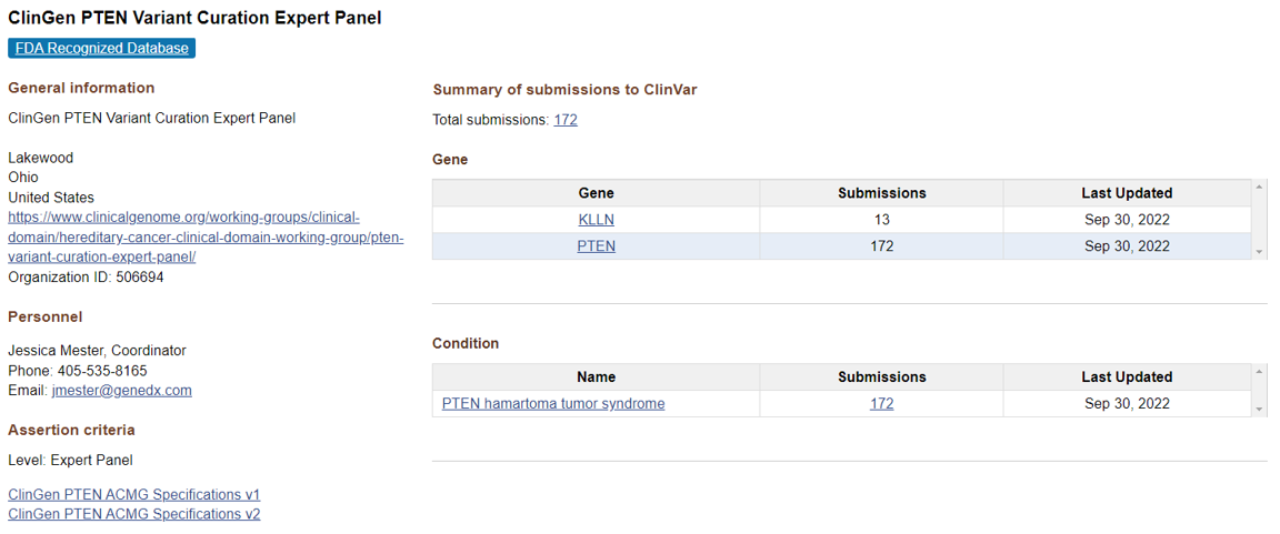 Display of an organization page with assertion criteria