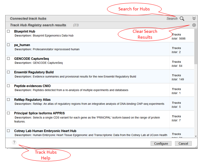 Track Hubs panel showing search results