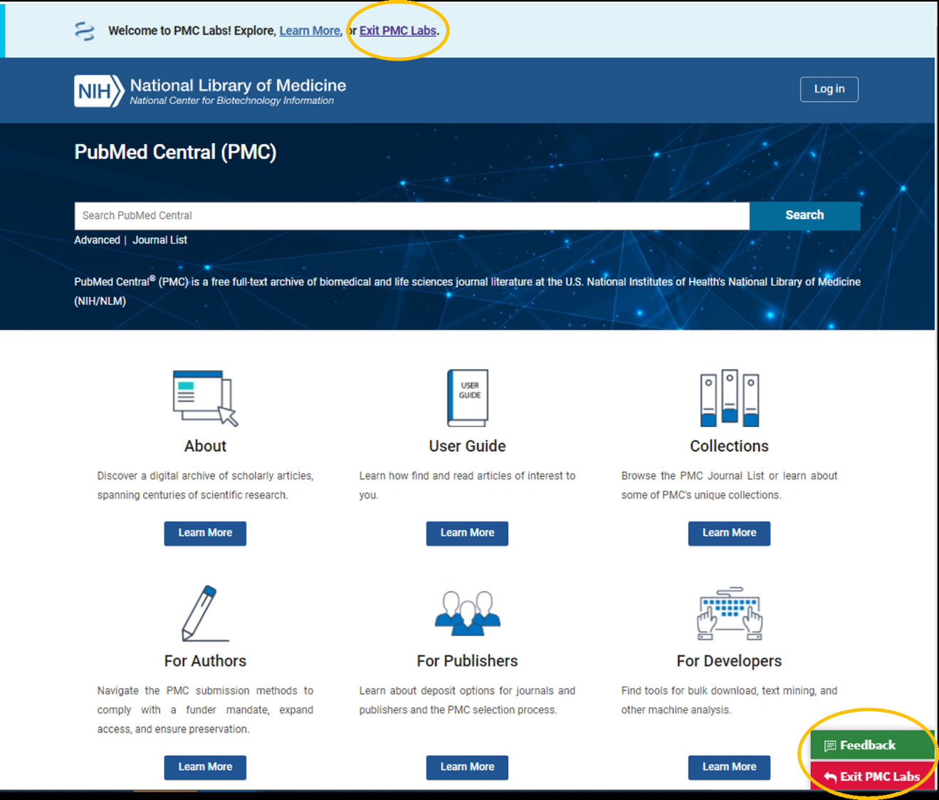 Screenshot of PMC Labs Homepage highlighting how to return exit PMC Labs