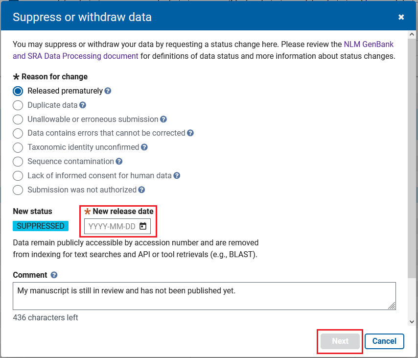 Figure 3:  Suppress or withdraw data - Reason for Change Window
